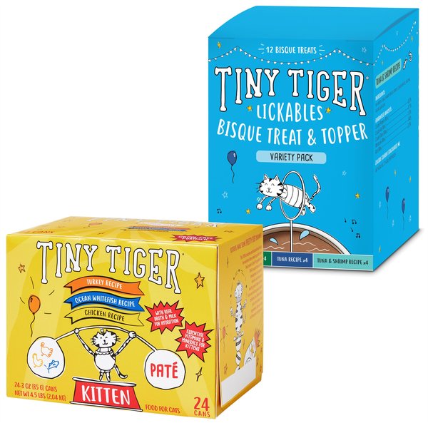 Tiny Tiger Kitten Classic Variety Pack Whitefish & Poultry Pate Canned Food + Lickables Variety Pack Bisque Cat Treat & Topper slide 1 of 9