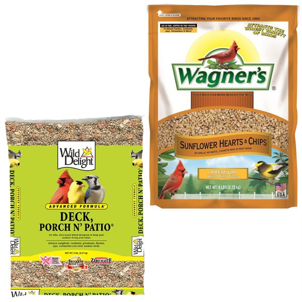 Wild Delight Deck, Porch N' Patio, 5-lb bag + Wagner's Sunflower Hearts & Chips Wild Bird Food, 6-lb bag slide 1 of 9