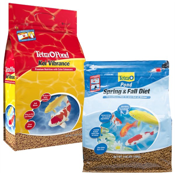 Tetra Pond Koi Vibrance Color Enhancing Sticks Koi & Goldfish Food, 5.18-lb bag + Pond Spring & Fall Diet Transitional Fish Food, 3.08-lb bag slide 1 of 9