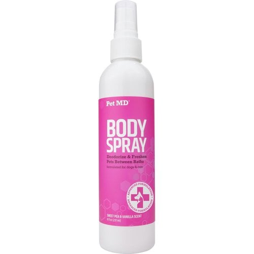Pet MD Dezodorujący spray do ciała dla kotów i psów o zapachu groszku słodkiego i wanilii, butelka 8 uncji Tło produktu