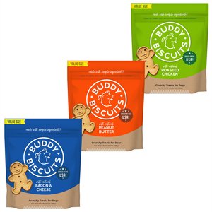 Variety Pack - Buddy Biscuits with Bacon & Cheese Oven Baked Dog Treats, Chicken & Peanut Butter Flavors