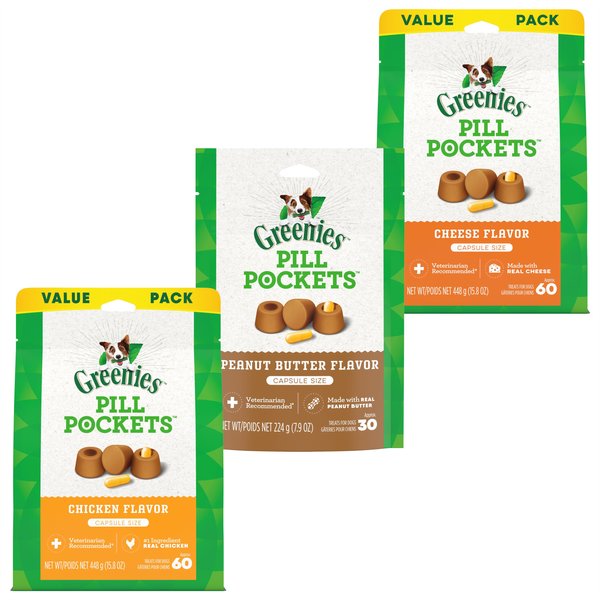 Variety Pack - Greenies Pill Pockets Canine Real Peanut Butter Flavor Dog Treats, Chicken & Cheese Flavors slide 1 of 9