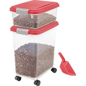 IRIS USA 3-Piece WeatherPro Airtight Stackable Dog, Cat & Bird Food Storage Container Combo with Scoop & Treat Box, Red, 35-lbs/45-qt