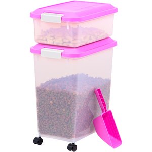 IRIS USA 3-Piece WeatherPro Airtight Stackable Dog, Cat & Bird Food Storage Container Combo with Scoop & Treat Box, Pink, 35-lbs/45-qt