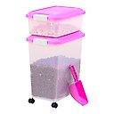 IRIS USA 3-Piece WeatherPro Airtight Stackable Dog, Cat & Bird Food Storage Container Combo with Scoop & Treat Box, Pink, 35-lbs/45-qt