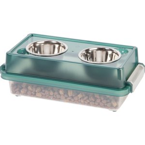 IRIS Elevated Dog & Cat Bowls with Airtight Food Storage, Green/Gray, 2-cup