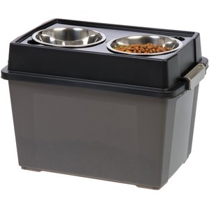 IRIS USA WeatherPro Airtight Elevated Pet Feeder with Food Storage Container & Bowls in Lid, Smoke/Black, 8-cup