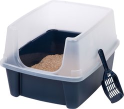 IRIS USA Open Top Litter Box with Scatter Shield & Scoop, Navy