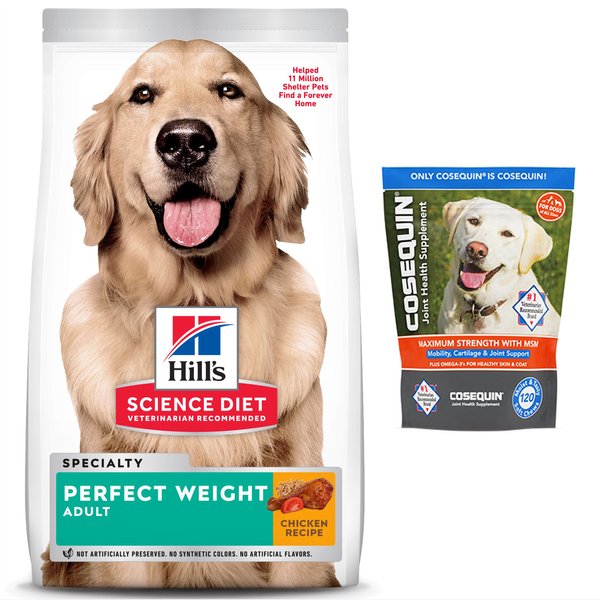 Hill's Science Diet Adult Perfect Weight Chicken Recipe Dry Food + Nutramax Cosequin Max Strength with MSM Plus Omega 3's Soft Chews Joint Supplement for Dogs, 120 count slide 1 of 9