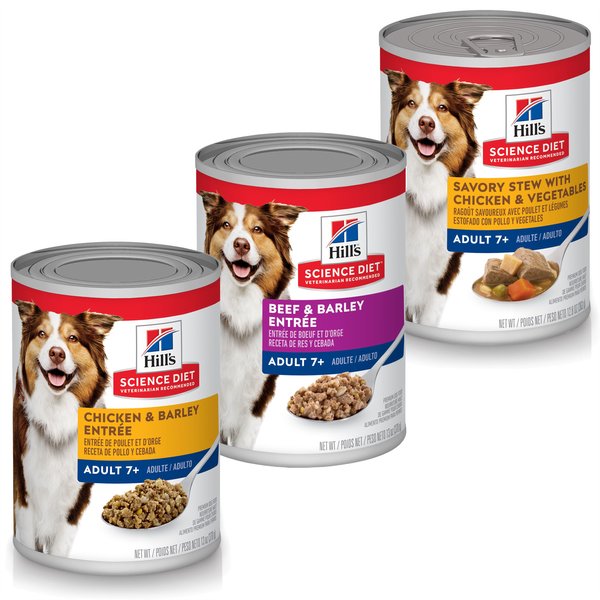 Variety Pack - Hill's Science Diet 7+ Chicken & Barley Entree Canned Dog Food, Beef & Barely and Chicken & Vegetables Flavors slide 1 of 9