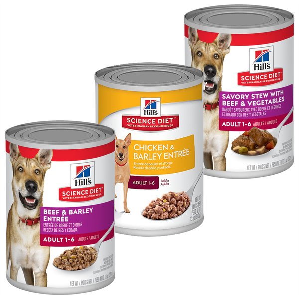 Variety Pack - Hill's Science Diet Chicken & Barley Entree Canned Dog Food, Beef & Barley and Beef & Vegetables Flavors slide 1 of 9