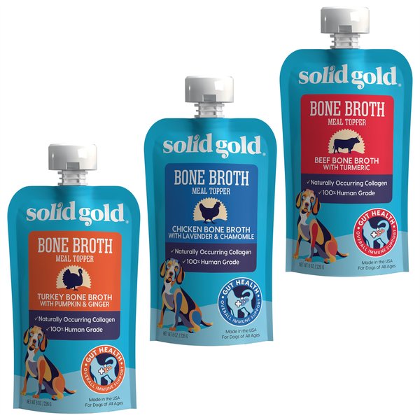 Variety Pack - Solid Gold Turkey Bone Broth with Pumpkin & Ginger Dog Food Topper, Chicken with Lavender & Chamomile & Beef with Turmeric Flavors slide 1 of 9