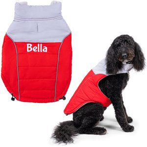 GoTags Winter Puffer Personalized Dog Coat, Red, Medium