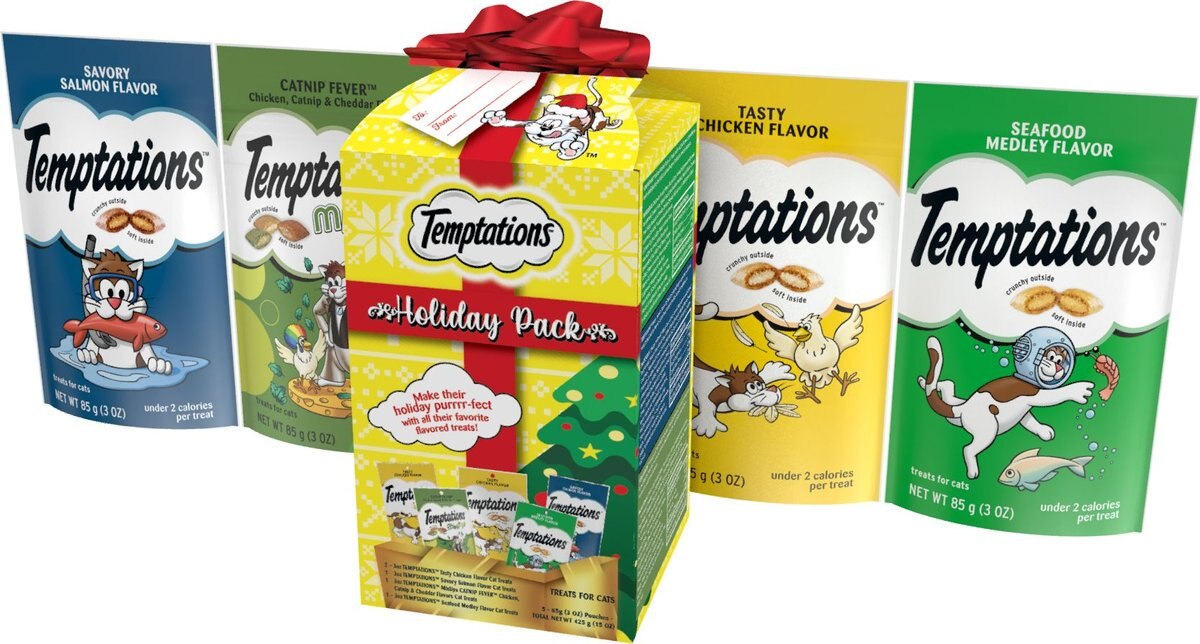 TEMPTATIONS Holiday Variety Pack Adult Cat Treats, 3oz pouch, case of