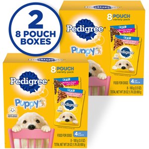Pedigree Puppy Variety Pack Morsels in Sauce with Beef & Chicken Wet Dog Food Pouches, 3.5-oz pouch, pack of 8, bundle of 2