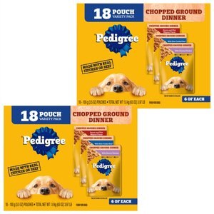 Pedigree Chopped Ground Dinner Variety Pack With Chicken, Filet Mignon & Beef Wet Dog Food, 3.5-oz pouch, case of 18, bundle of 2