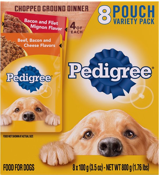 Pedigree Chopped Ground Dinner Variety Pack Featuring Bacon Wet Dog Food, 3.5-oz pouch, case of 8, bundle of 2 slide 1 of 7