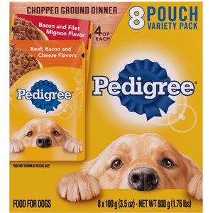 Pedigree Chopped Ground Dinner Variety Pack Featuring Bacon Wet Dog Food, 3.5-oz pouch, case of 8, bundle of 2