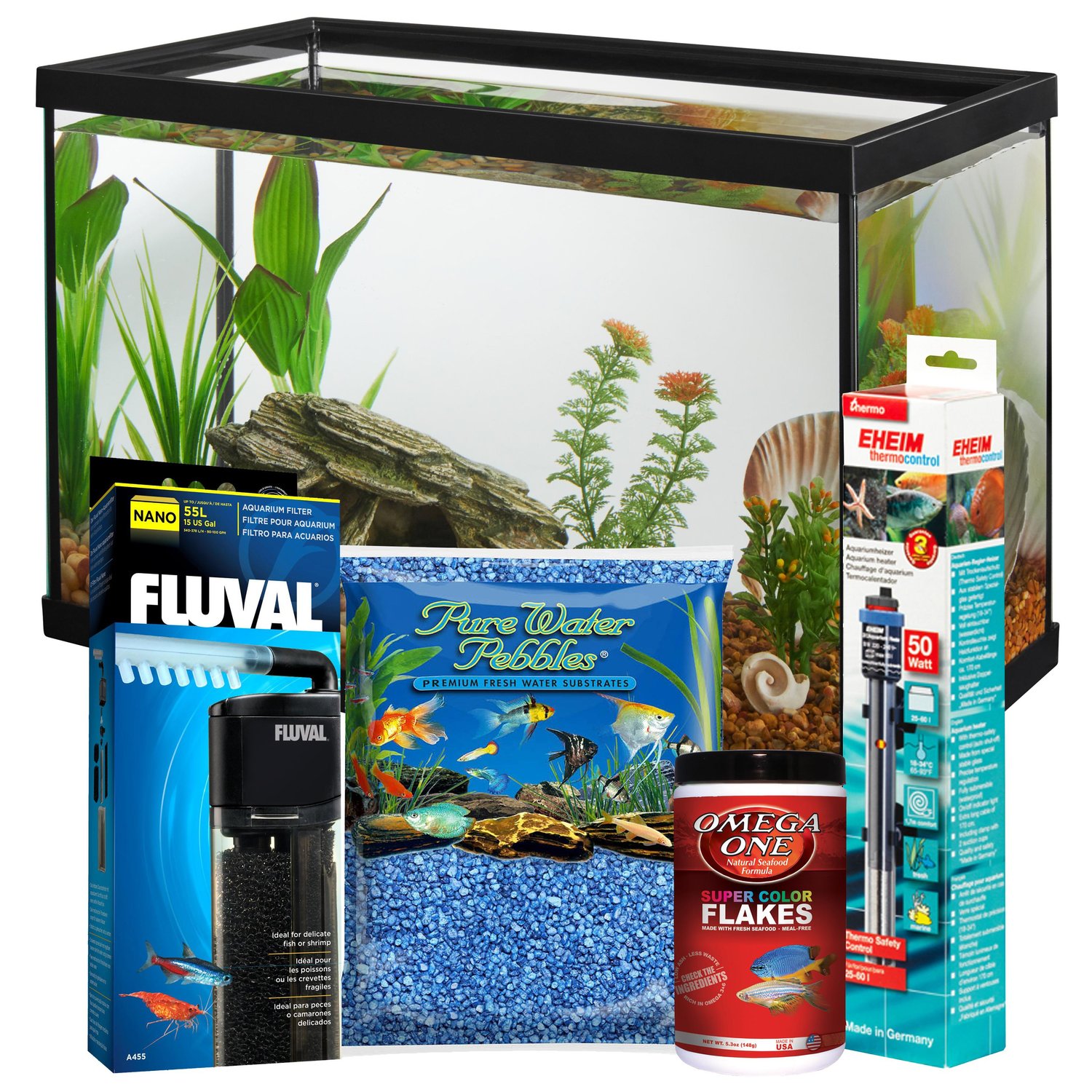 Bundle: Fish Starter Kit - Frisco Aquarium, Pure Water Gravel, Omega One Food, Fluval Filter, Eheim Heater