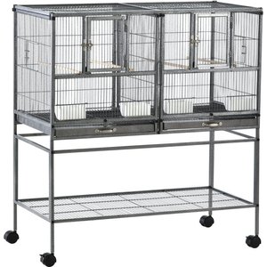 PawHut Double with Rolling Stand Removable Metal Tray Bird Cage, Black
