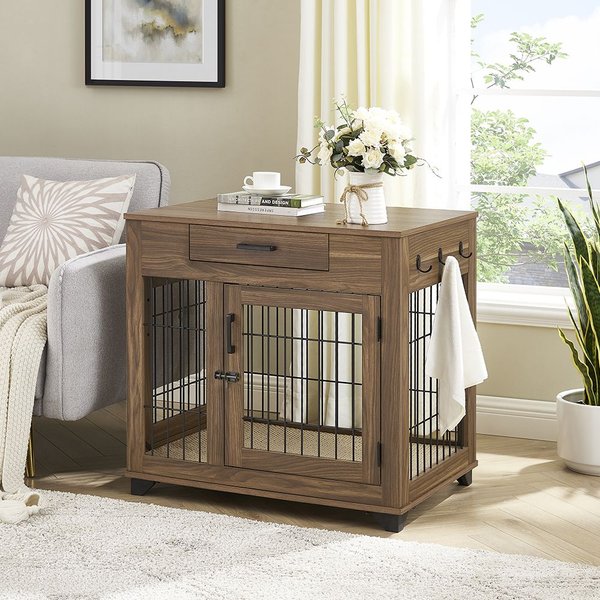 UNIPAWS Wooden Wire Double Door Furniture End Table Dog Crate, Walnut