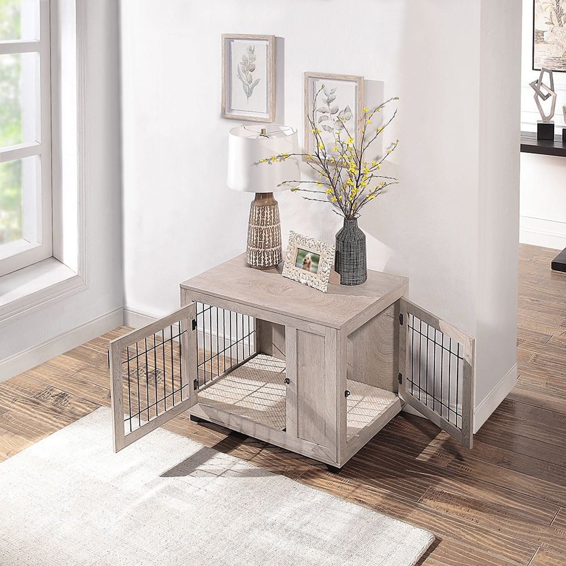 UNIPAWS Wooden Wire Furniture Style Dog Crate, Weathered Grey, Medium