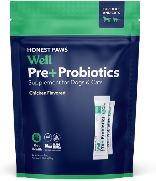Honest Paws Well Pre+ Probiotic Digestive Support Chicken Flavored Powder Supplement for Dogs & Cats, 30 count slide 1 of 9