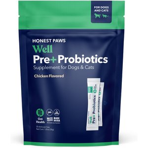Honest Paws Well Pre+ Probiotic Digestive Support Chicken Flavored Powder Supplement for Dogs & Cats, 30 count