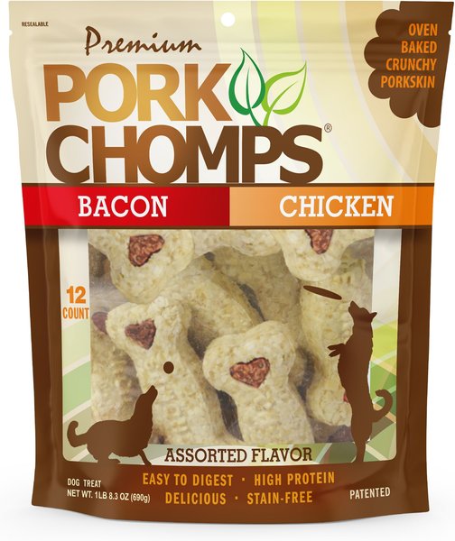Premium Pork Chomps Assorted Flavors Crunchy Bone Dog Treats, 12 count bag slide 1 of 6