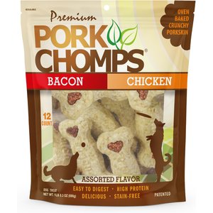 Premium Pork Chomps Assorted Flavors Crunchy Bone Dog Treats, 12 count bag