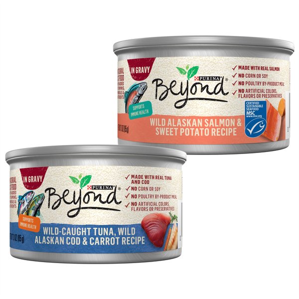 Purina Beyond Natural Wild-Caught Tuna, Cod & Carrots Recipe + Wild Alaskan Salmon & Sweet Potato Recipe in Gravy Canned Cat Food slide 1 of 9