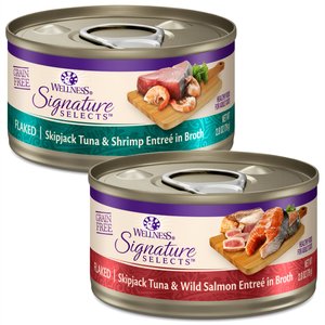 Wellness CORE Signature Selects Flaked Skipjack Tuna & Shrimp Entree in Broth + Flaked Skipjack Tuna & Wild Salmon Entree in Broth Canned Cat Food, 2.8-oz, case of 12