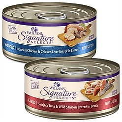 Wellness CORE Signature Selects Shredded Boneless Chicken & Chicken Liver Entree in Sauce + Flaked Skipjack Tuna & Wild Salmon Entree in Broth Canned Cat Food