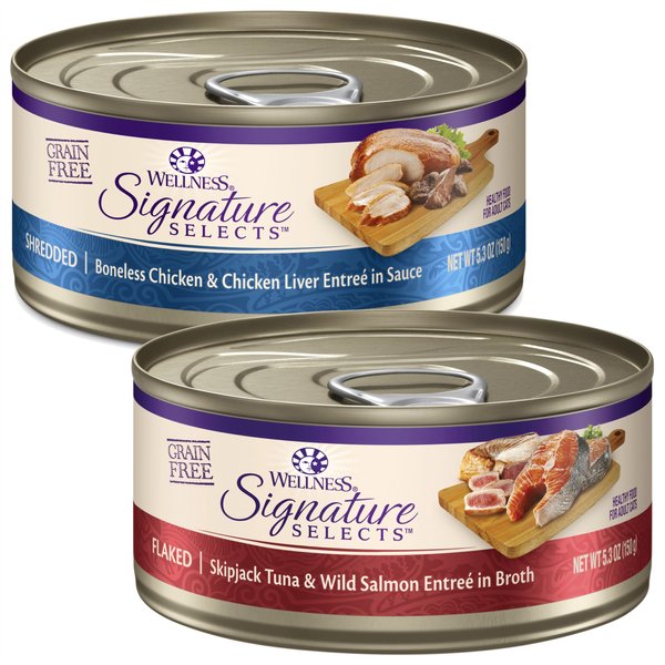 Wellness CORE Signature Selects Shredded Boneless Chicken & Chicken Liver Entree in Sauce + Flaked Skipjack Tuna & Wild Salmon Entree in Broth Canned Cat Food slide 1 of 9