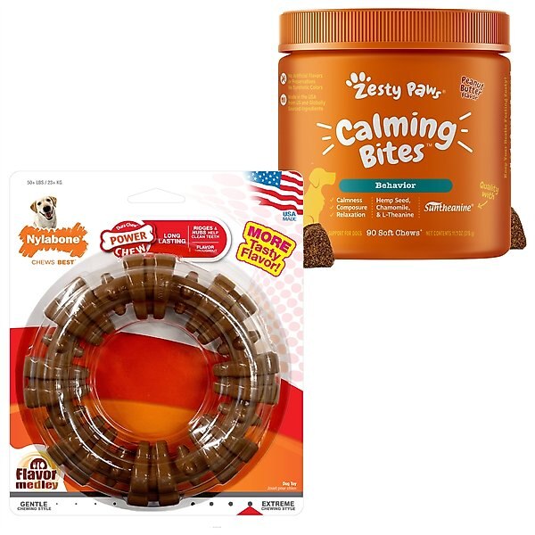 Zesty Paws Calming Bites Peanut Butter Flavored Soft Chews Calming Supplement, 90 count + Nylabone Power Chew Textured Dog Chew Ring Toy Ring Flavor Medley, X-Large slide 1 of 9
