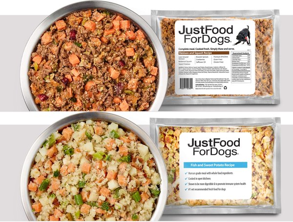 JustFoodForDogs Healthy Weight Variety Pack Human-Grade Fresh Whole Dog Food, 18-oz pouch, case of 7  slide 1 of 9