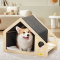 Coziwow Indoor Wooden Dog House with Bowls & Bed, Natural Wood