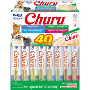 Inaba Churu Tuna & Seafood Variety Creamy Puree Grain-Free Lickable Cat Treats, 0.5-oz tube, 40 count