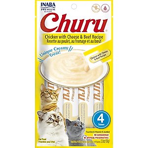 Inaba Churu Chicken with Cheese & Beef Recipe Creamy Puree Grain-Free Lickable Cat Treats, 0.5-oz tube, 4 count
