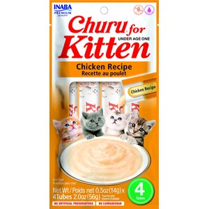 Inaba Churu for Kittens Chicken Recipe Puree Grain-Free Lickable Cat Treats, 0.5-oz tube, 4 count