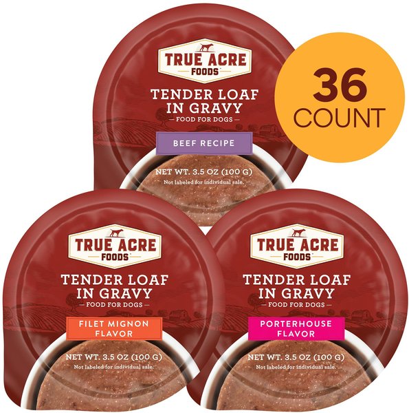 Variety Pack – True Acre Foods Tender Loaf in Gravy Wet Dog Food Cups, Beef Recipe, Filet Mignon & Porterhouse Flavors, 3.5-oz, 36 count slide 1 of 8
