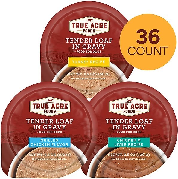 Variety Pack – True Acre Foods Tender Loaf in Gravy Wet Dog Food Cups, Chicken & Liver Recipe, Turkey Recipe and Grilled Chicken Flavor, 3.5-oz, 36 count slide 1 of 8