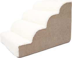 Precious Tails High Density Foam Scalloped Sherpa Top 4 Steps Dog & Cat Stair, Camel