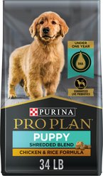 Purina Pro Plan Puppy Shredded Blend Chicken & Rice Formula with Probiotics Dry Dog Food, 34-lb bag slide 1 of 9