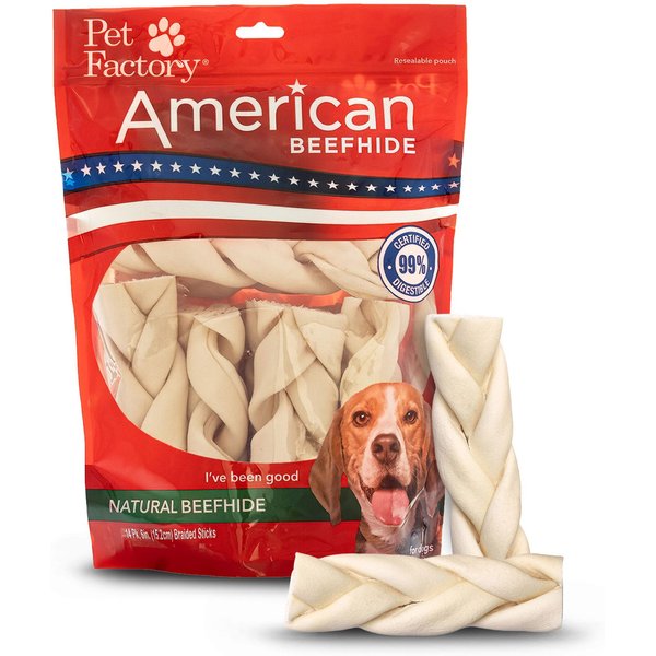 Pet Factory Beefhide 6-inch Braided Sticks Chicken Flavored Natural Dog Hard Chews, 14 count
