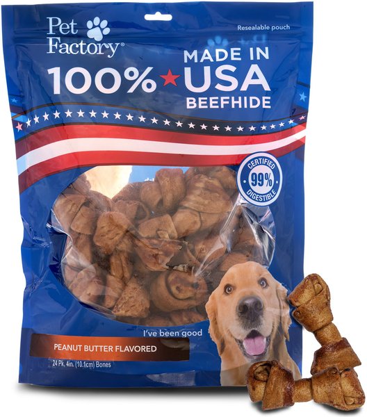 PET FACTORY Beefhide 4inch Peanut Butter Flavored Dog Bones, 24 count