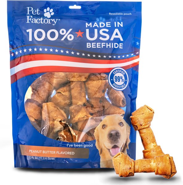 PET FACTORY Beefhide 6inch Peanut Butter Flavored Dog Bones, 12 count