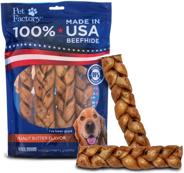 Pet Factory Beefhide 7-inch Braided Sticks Peanut Butter Flavored Dog Hard Chews