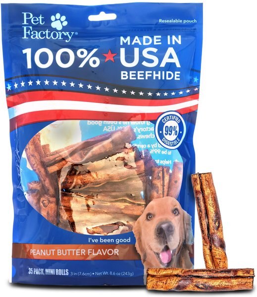 Pet Factory Beefhide 3 to 3.5-inch Mini Rolls Peanut Butter Flavored Dog Hard Chews, 35 count