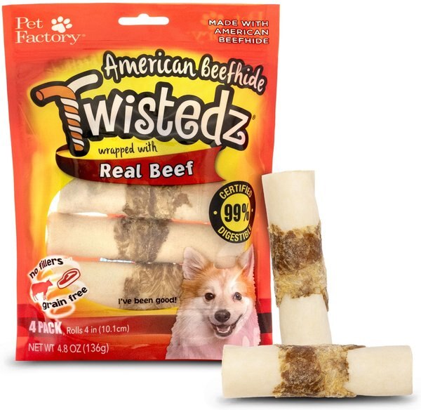 PET FACTORY Twistedz 4inch Beefhide Rolls Beef Flavored Wrap Dog Hard
